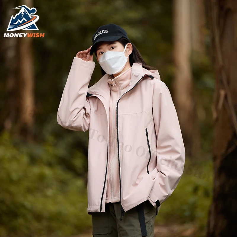 MONEYWISH زوجين تهمة سترة هارد شل الرياضة في الهواء الطلق يندبروف مقاوم للماء تنفس معطف مقنع الترفيه التخييم التنزه معطف