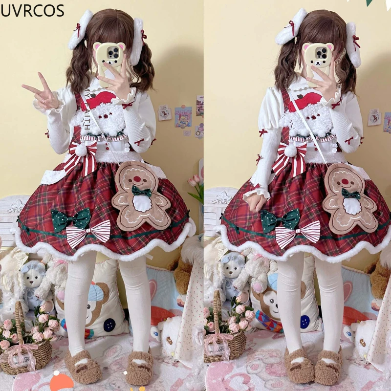 Japanese Kawaii Lolita Dress Women Sweet Plush Patchwork Bow Plaid Princess Strap Dresses Gothic Y2k Red Christmas Party Dresses