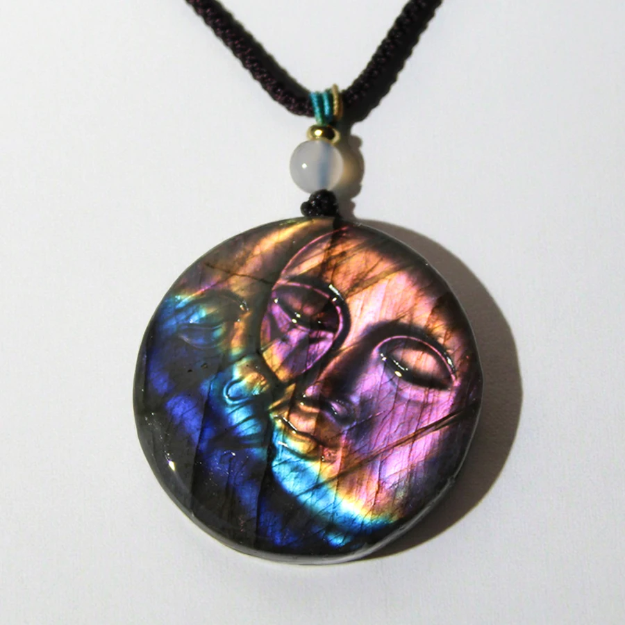 

Natural Pink Purple Flash Labradorite Gemstone Crystal Moon Sun Goddess Face Carving Necklace Pendant For Gift