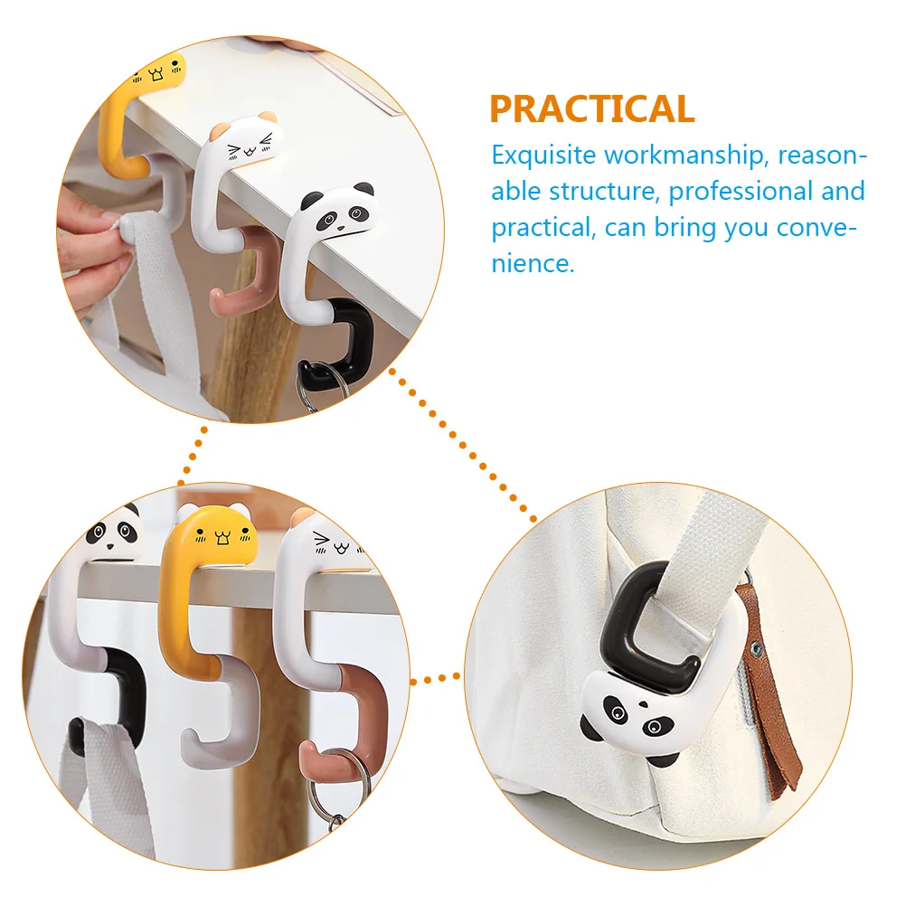 

4pcs Schoolbag Hooks Safety Desk Bag Hangers ABS Plastic Reusable Non Slip Base Cartoon Panda Design For Keys Sweaters Hats