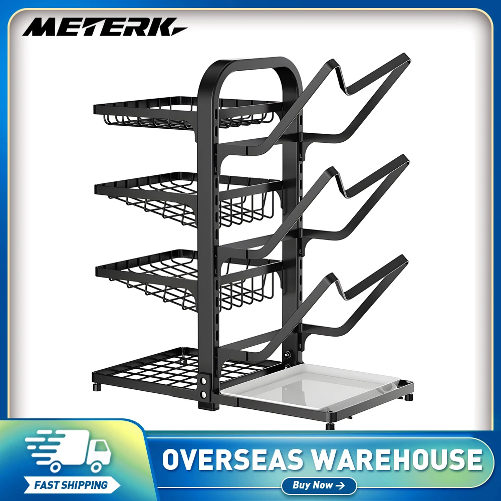 Spice and Pot Cover Rack Carbon Steel 2-Sided 7-Tier Pantry Plates Spice Rack for Cabinet Adjustable Height Multi-Tier Pot Lid