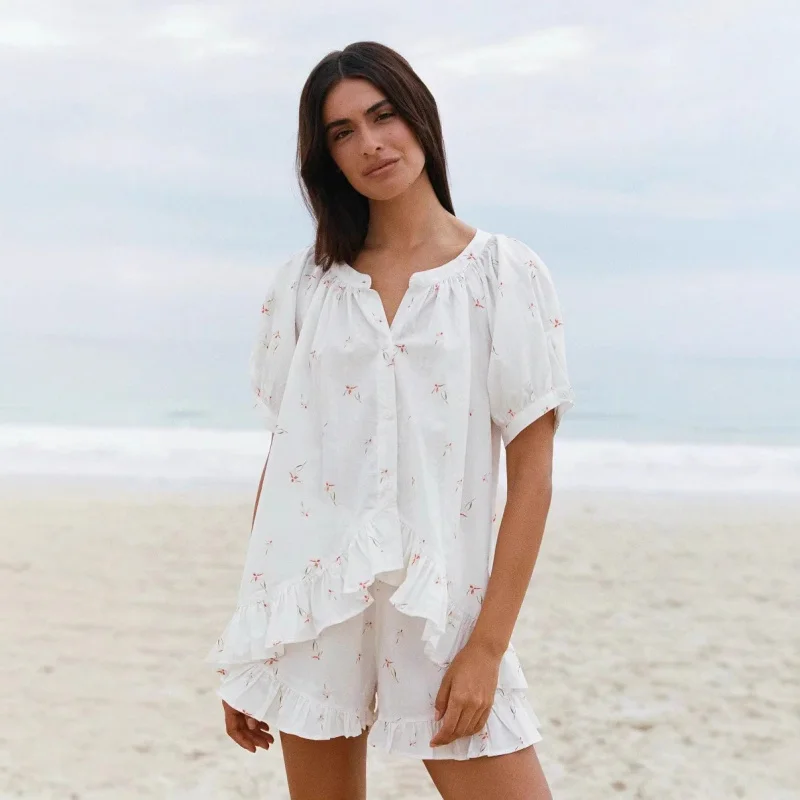 

2025 Hot Selling European American AliExpress Summer Printed Ruffle Casual Home Shirt and Shorts Set