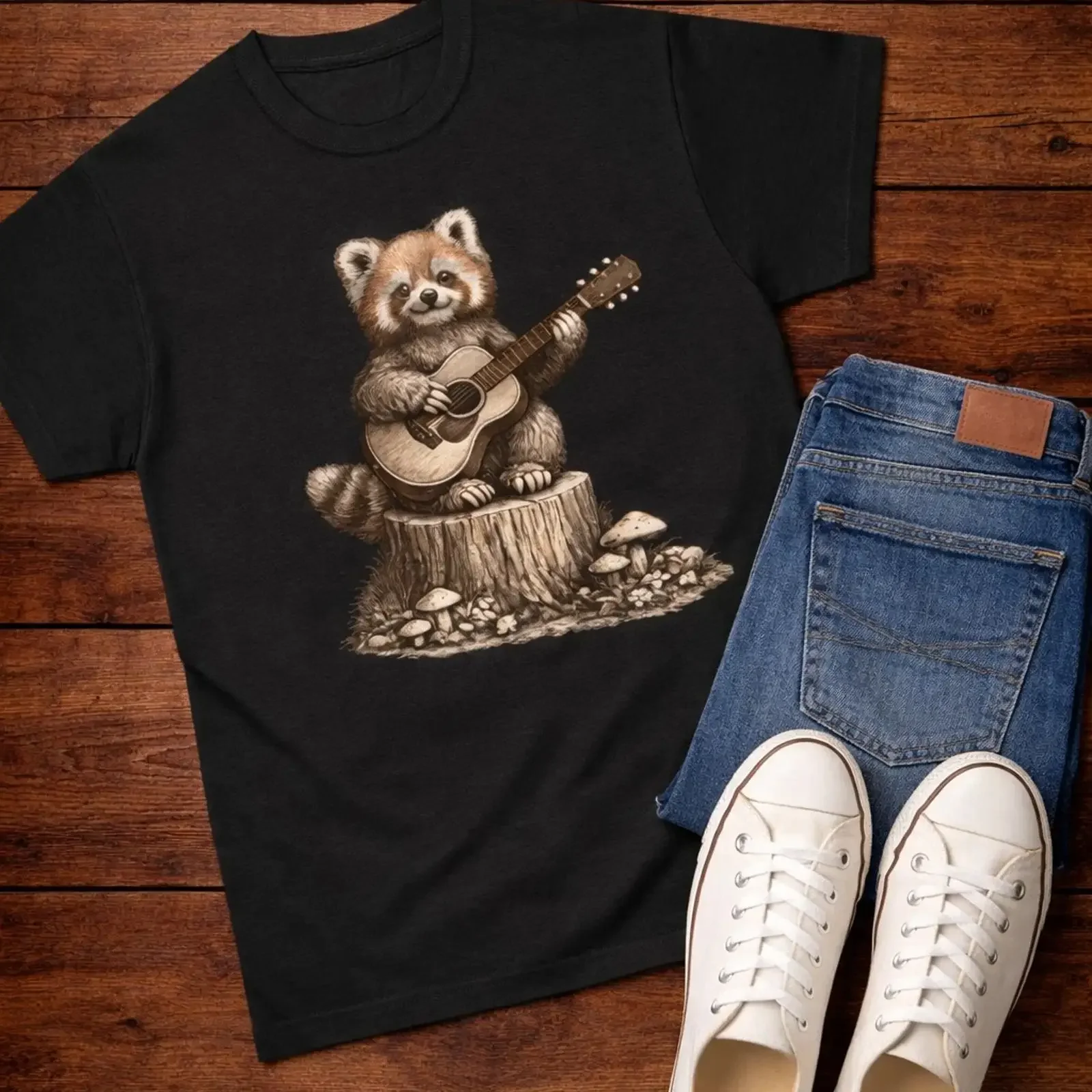 Raccoon Playing Guitar T Shirt Woodland Animal Music vintage Washed designer clothes Stylish Comfortable Unisex graphic