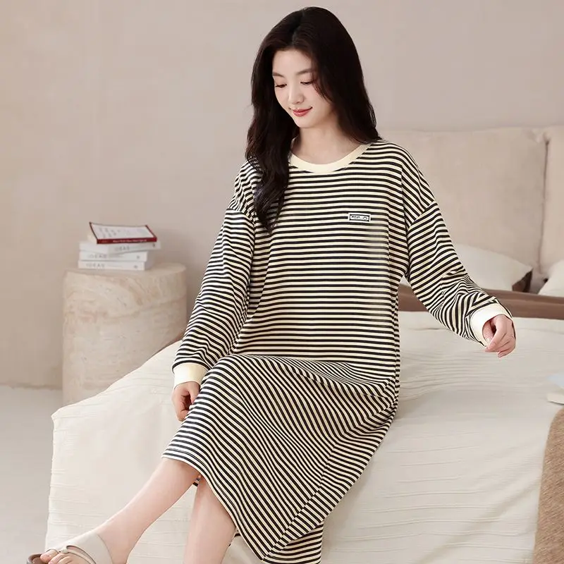 

Осень 2024, большие размеры, ночные рубашки из 100% хлопка с длинными рукавами для женщин, повседневная одежда для сна в полоску, ночное платье, ночная рубашка, домашняя ночная рубашка