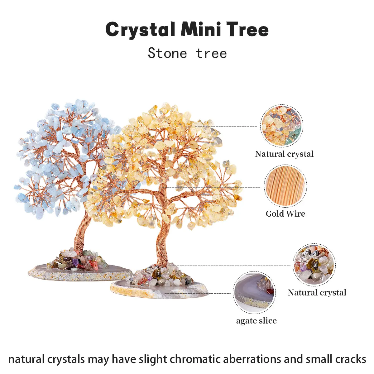 1PC Natural Crystal Lucky Tree Copper Wire Winding Colorful Gravel With Agate Slice Base Home Decoration Money Trees