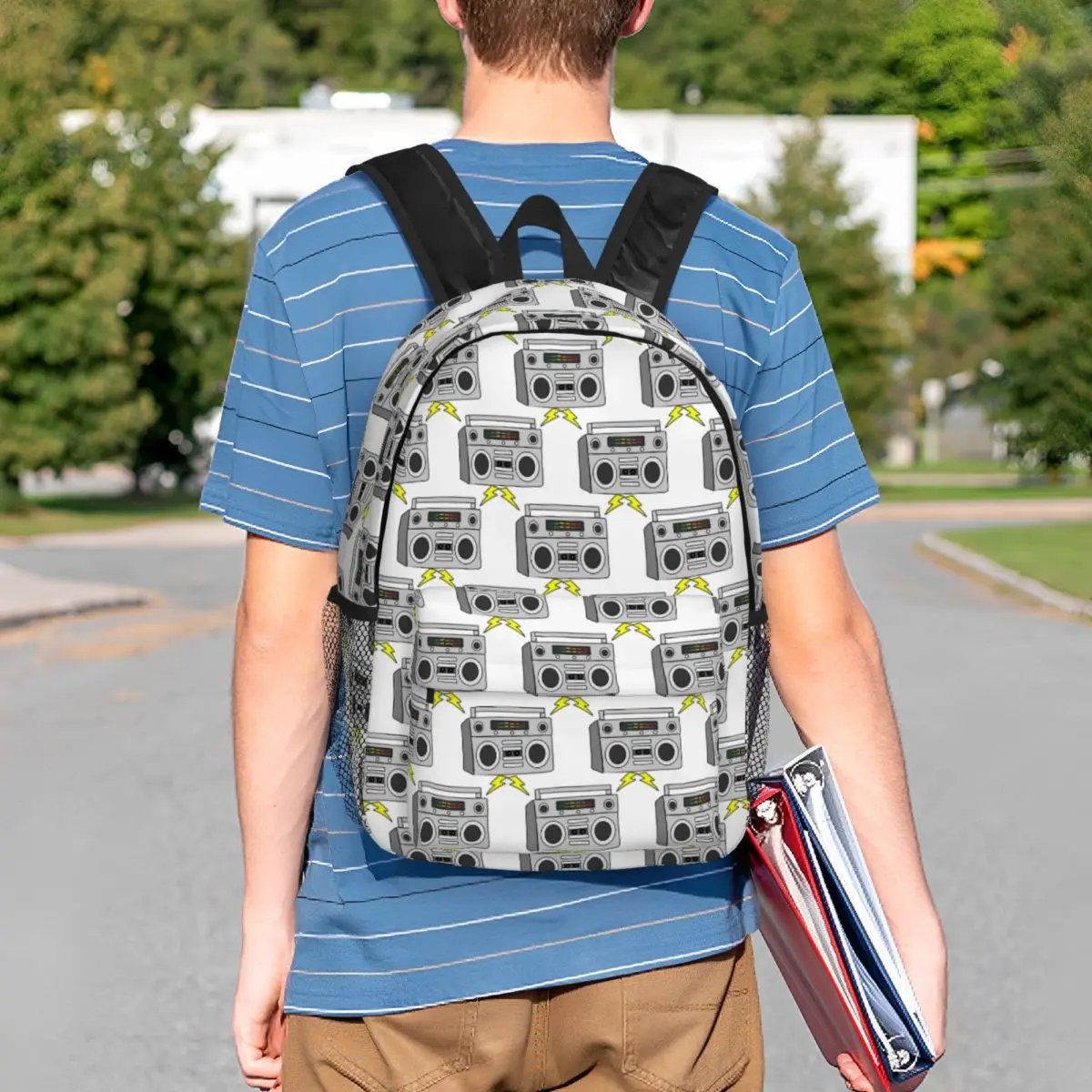 

Vintage Grey Cartoon Boombox Backpack Student BookBag Children School Bag Computer Shoulder Bags for Men Women