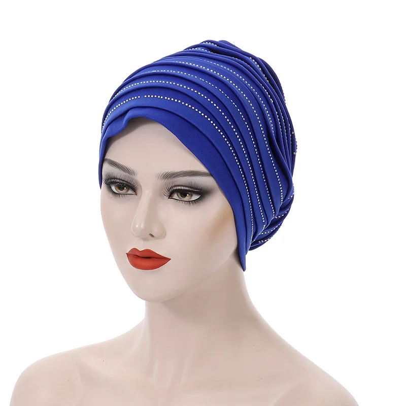 Latest Women Diamonds Pleated African Turban Cap Already Made Auto Geles Headtie Muslim Hijab Bonnet Female Head Wrap Indian Hat