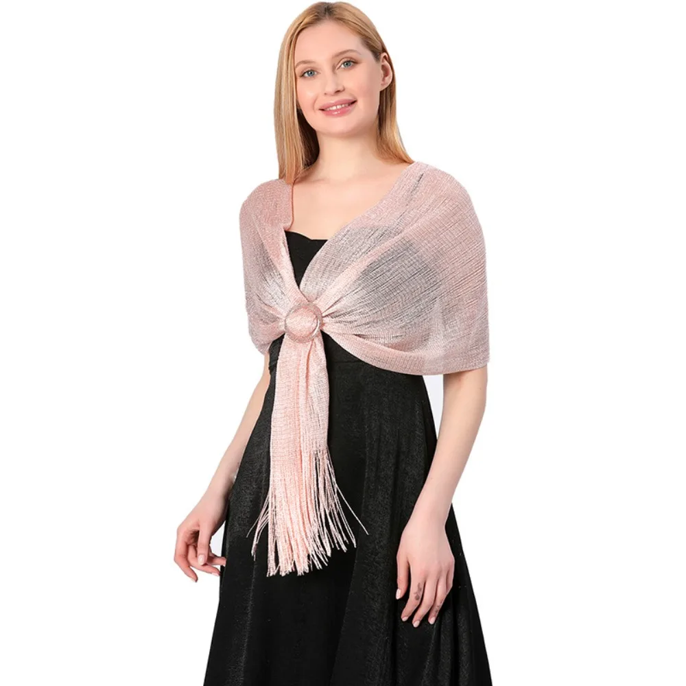 Fashion Bridal Sparkling Metallic Scarf Wedding Party with Buckle Evening Dresses Shawl Bridesmaid Gold Silver Shiny Shawls view 6