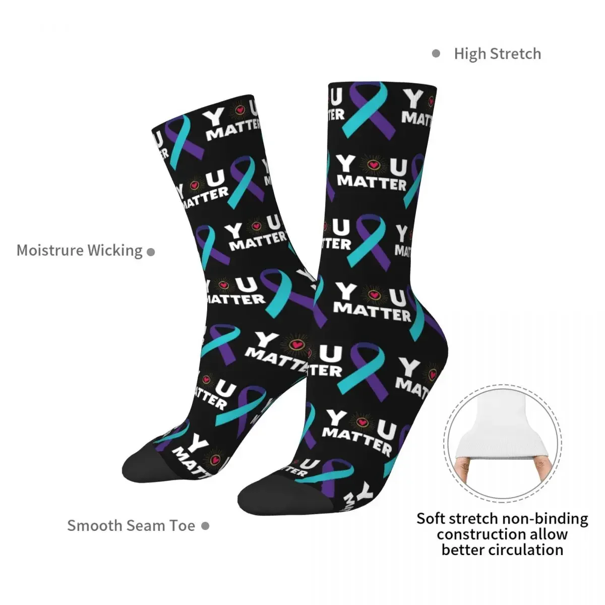 You Matter Teal Purple Ribbon Socks Harajuku High Quality Stockings All Season Long Socks Accessories for Unisex Gifts