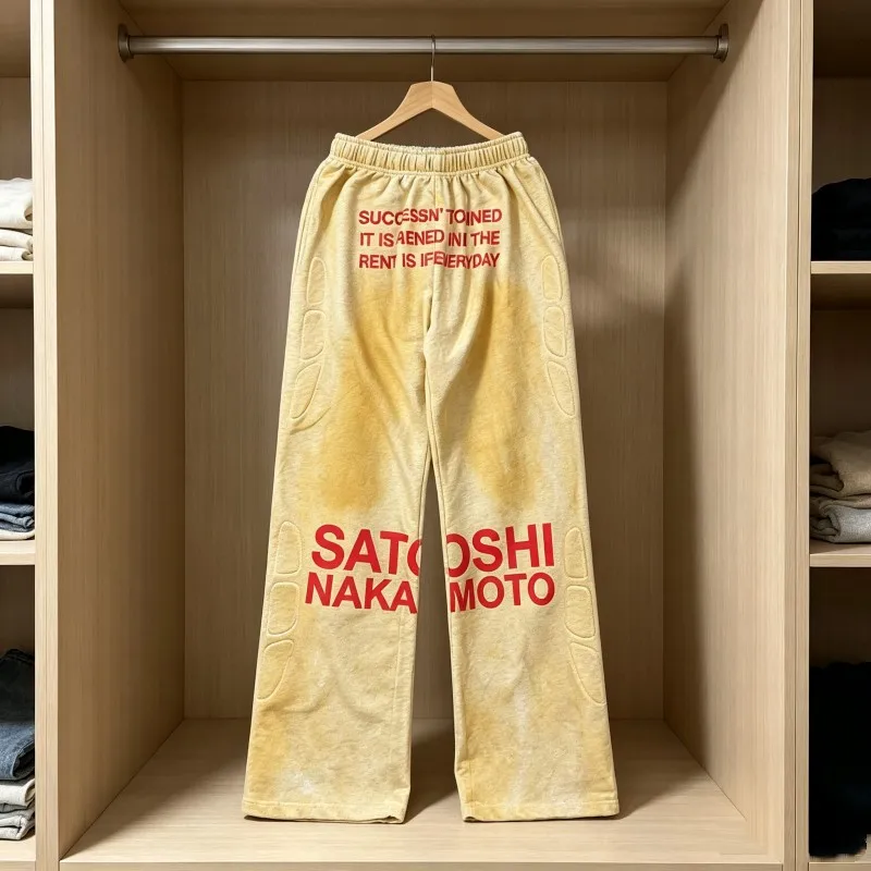 Red Classic Slogan Retro Washed Spray Dirty 2XL SATOSHI Sweatpants Unisex Casual Pants Terry Lace Up Trousers Men Women Outfit