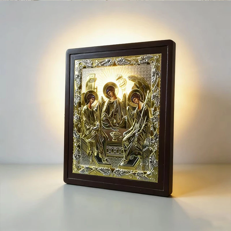 Neue luxuriöse, vergoldete orthodoxe Heilige Dreifaltigkeitsikone mit Holzrahmen für Kirchenliturgie, Heimaltar, Gebet, Andacht, christliches Geschenk – Detail 3