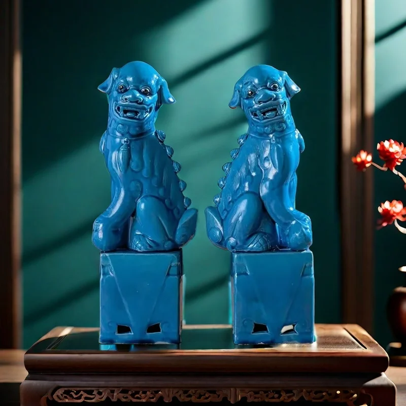 

Chinese Style Decor 1 Pair Blue Foo Fu Dog Guardion Lion Statue for Desktop Car Ornaments Chinese Jingdezhen Ceramics Porcelain