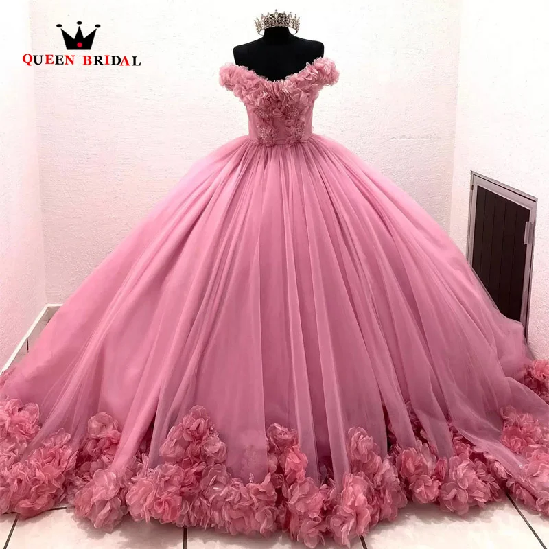 Sweet 16 Pink Quinceanera Dresses Off the Shoulder Ruched Ball Gown Vestido De 15 Anos Applique Beaded Tulle Prom Gowns VF15