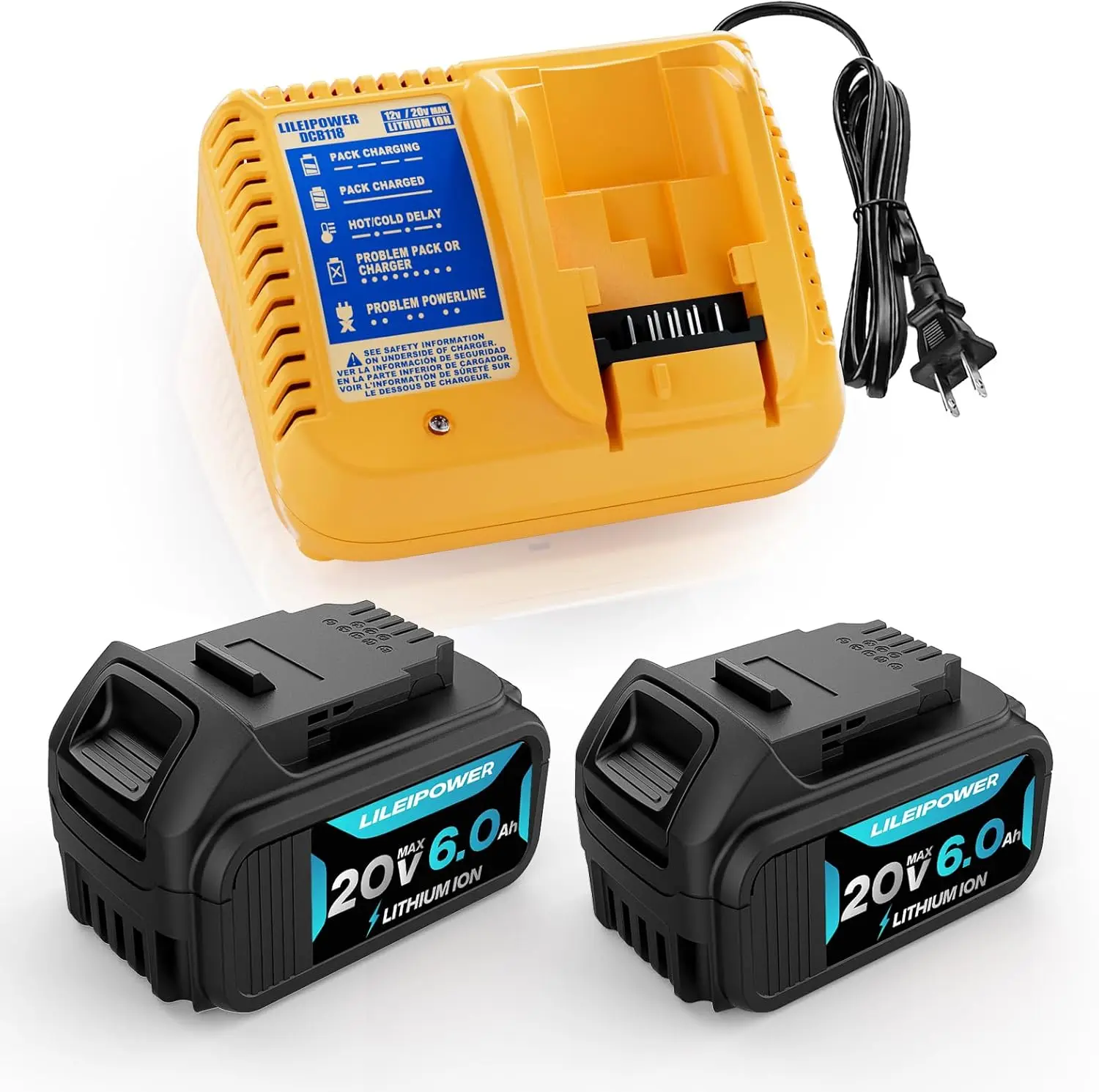 2Pack 20V 6.0Ah Battery Replacement for Dewalt 20V Max Battery and DCB118 Charger Combo Comaptible with Flexvolt 20V/60V Battery