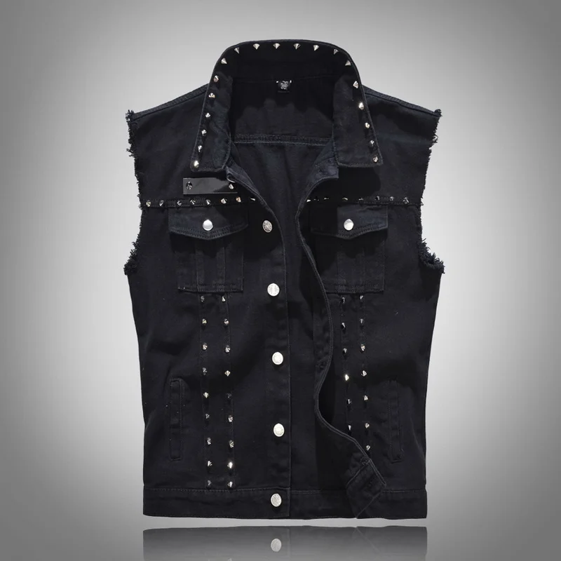 

New Mens Denim Vests Ripped Sleeveless Jeans Jacket Men Waistcoats Cotton Gilet Tank West Cowboy Hip Hop Rivet Streetwear