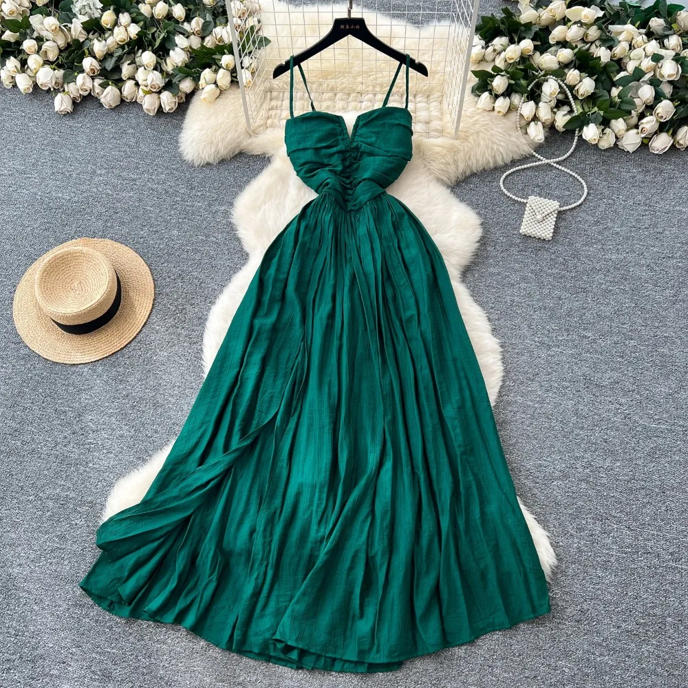 シックなセクシーな背中の開いたスプリットハイウエストスリップドレス妖精カジュアル A ラインドレス休暇 Vestidos 女性自由奔放に生きるサンドレス