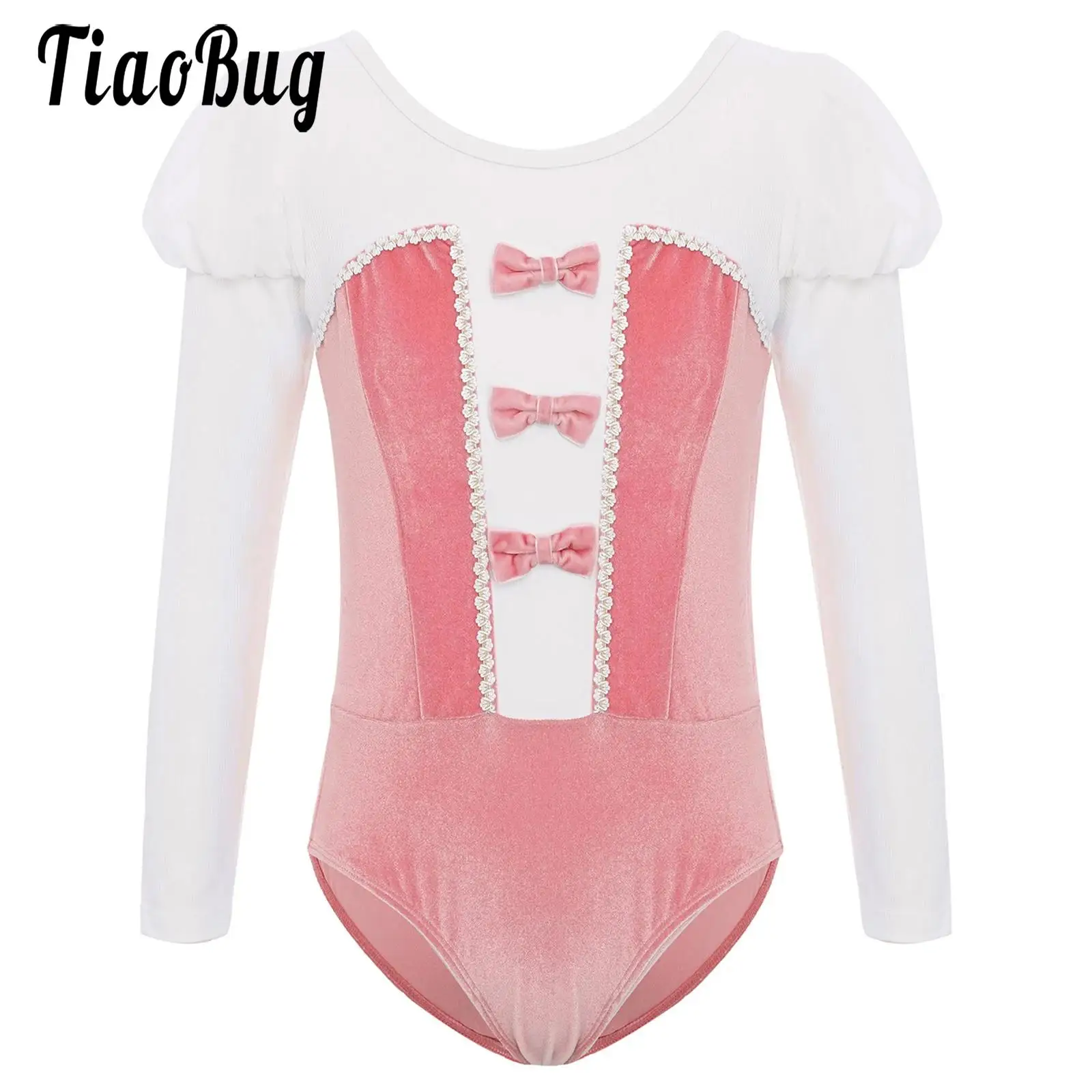 

Kids Girls Ballet Dance Leotard Unitards Performance Costumes Puff Long Sleeves Velvet Patchwork Color Block Bodysuit Dancewear
