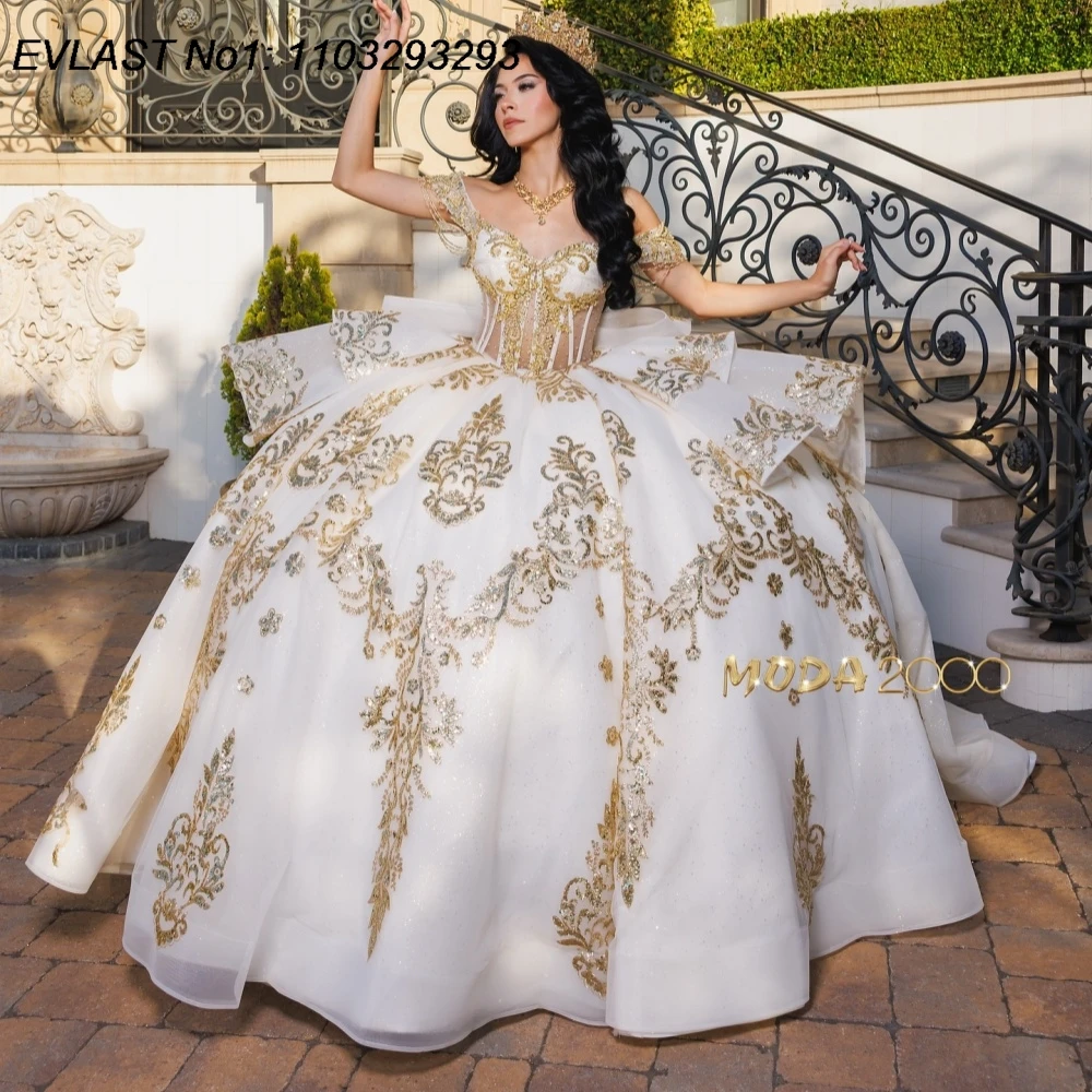 

EVLAST Customized 2026 White Ball Gown Quinceanera Dress Gold Lace Applique Beading Bow Sweet 16 Vestidos De 15 Anos E1QN125