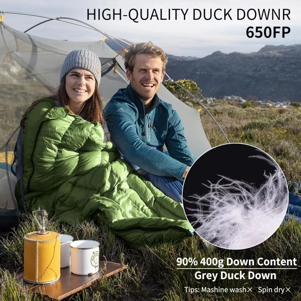 حقيبة ظهر خفيفة للبالغين، حقيبة نوم شحن 650 أونصة (42-52 فهرنهايت)، حقيبة نوم خفيفة الوزن للتخييم والمشي لمسافات طويلة في 3 فصول