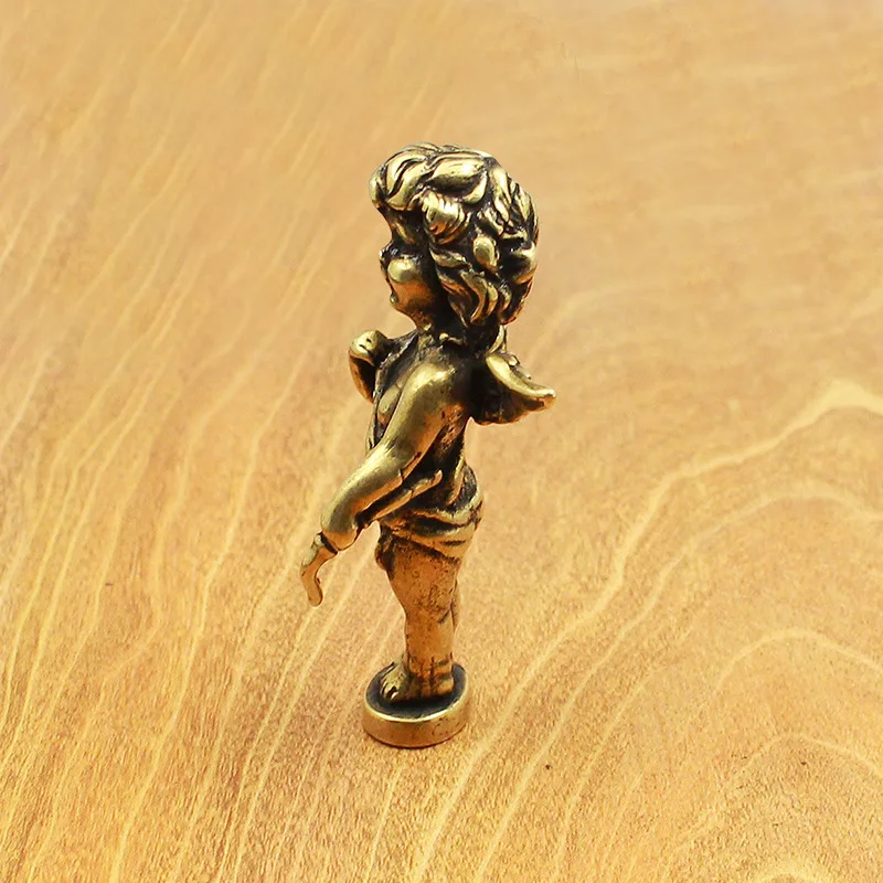 Retro Solid Brass Personality Cupid Action Figures Boy with Curly Hair Cute Metal Miniature Ornament Accessorie Finished Product