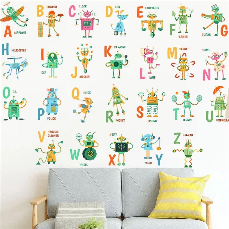 Funny Robots Letters Wall Stickers For Kids Bedroom Decoration Diy English Alphabet Mural Art Home Decals Educational Posters