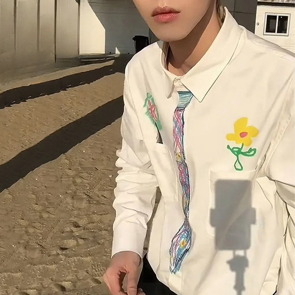 Men's Summer Hand-Painted Printed Tie Loose Casual Street Art Style Fashionable White Long-Sleeved Shirt 2026New