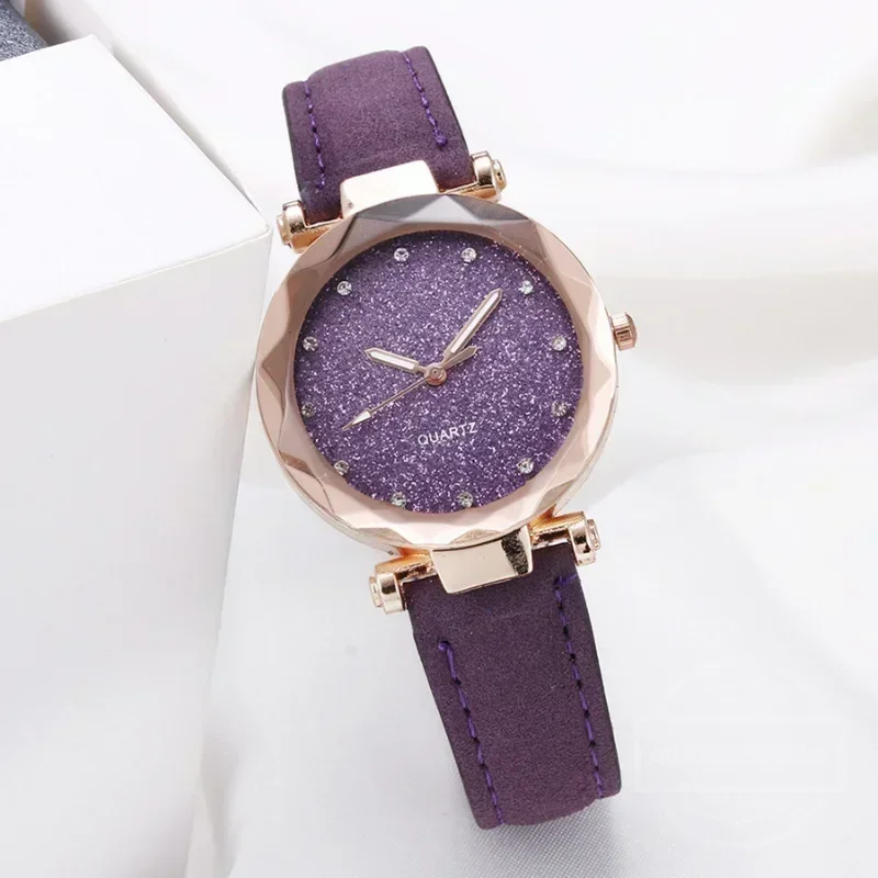 Round Face Rhinestone Star Sky Silver Pink Women for Watch Leisure Fashion Trend Frosted Belt Vintage Black Quartz Wristwatch