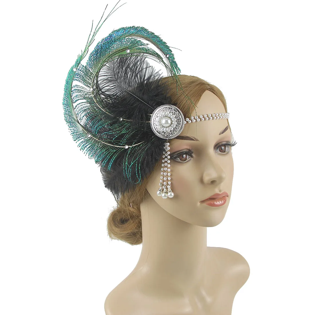 1920's Peacock Feather Headband Vintage Gatsby Headdress With Diamonds Tassel Party Performance Hair Band Hair Accessories