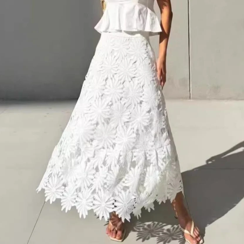 

hollow out big lace skirts women elegant 3D flower white skirt