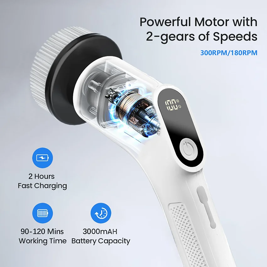 電動スピンスクラバー コードレスクリーニングブラシ 調節可能なハンドル付き キッチン、車、タイル、壁、床、シャワー用