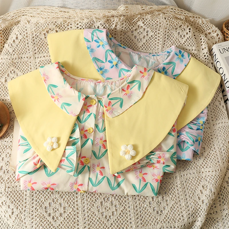 Women Sweet Double Layer Doll Neck Long - sleeved Shirt 2023 Spring New Cute Color Contrast Loose Shirt Flower Print Top