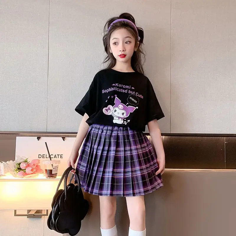 

Sanrio Kawaii Kuromi T-shirt Anime Cartoon Cute Girls Preppy Style Fashionable Chic Versatile Children's Short Sleeve Skirt Suit