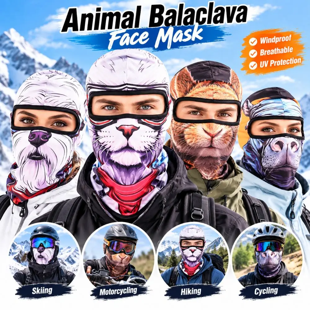 3D Printed Animal Pattern Funny Ski Mask Full Coverage Quick Dry Balaclava Face Mask Sweat Absorbent Windproof Ski Mask Hood