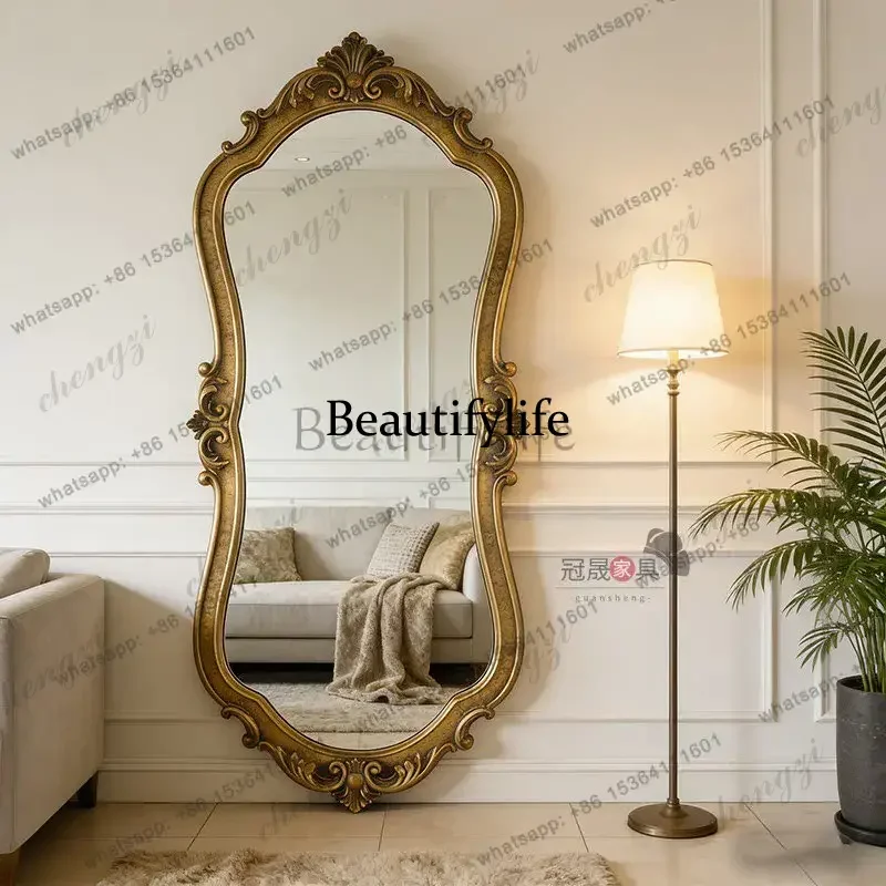 French retro special-shaped wall-mounted full-length mirror bedroom floor-to-ceiling carved full-length mirror