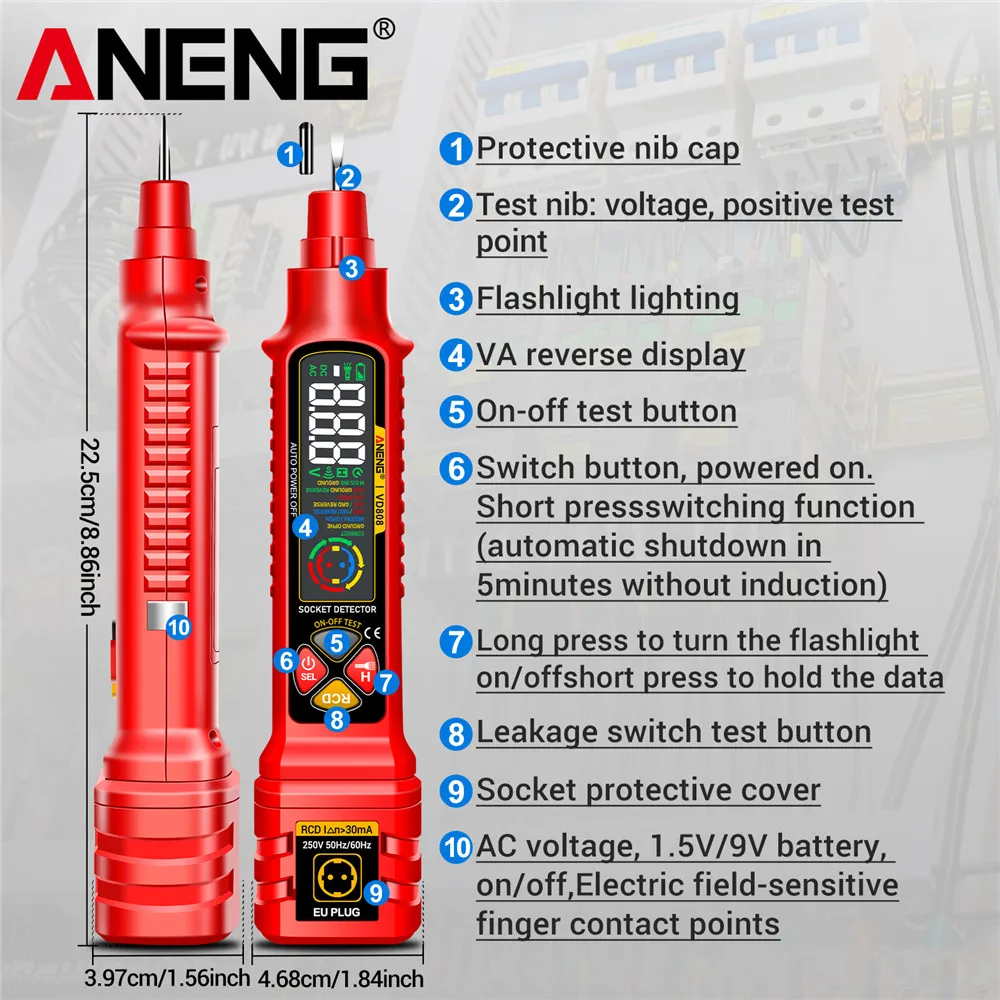 Socket Power Tester ANENG VD808 Line Detection AC/DC Voltage Measuremen Polarity Leakage NCV Voltage Sensing Electricians Tools