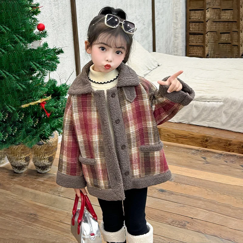 3-12 Years Girls Fashion Plaid Lamb's Wool Spliced Jacket Autumn Winter Kids Fleece Thick Warm Lapel Collar Outerwear