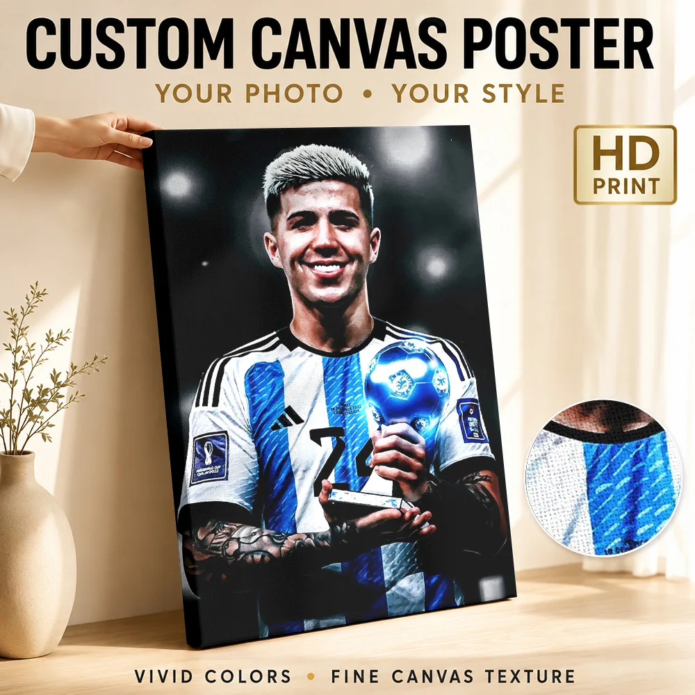 Enzo Fernandez Holding Trophy Canvas Painting Poster Bold Style Wall Decor With Personalized Photo For Games Room Ideal Fan Gift