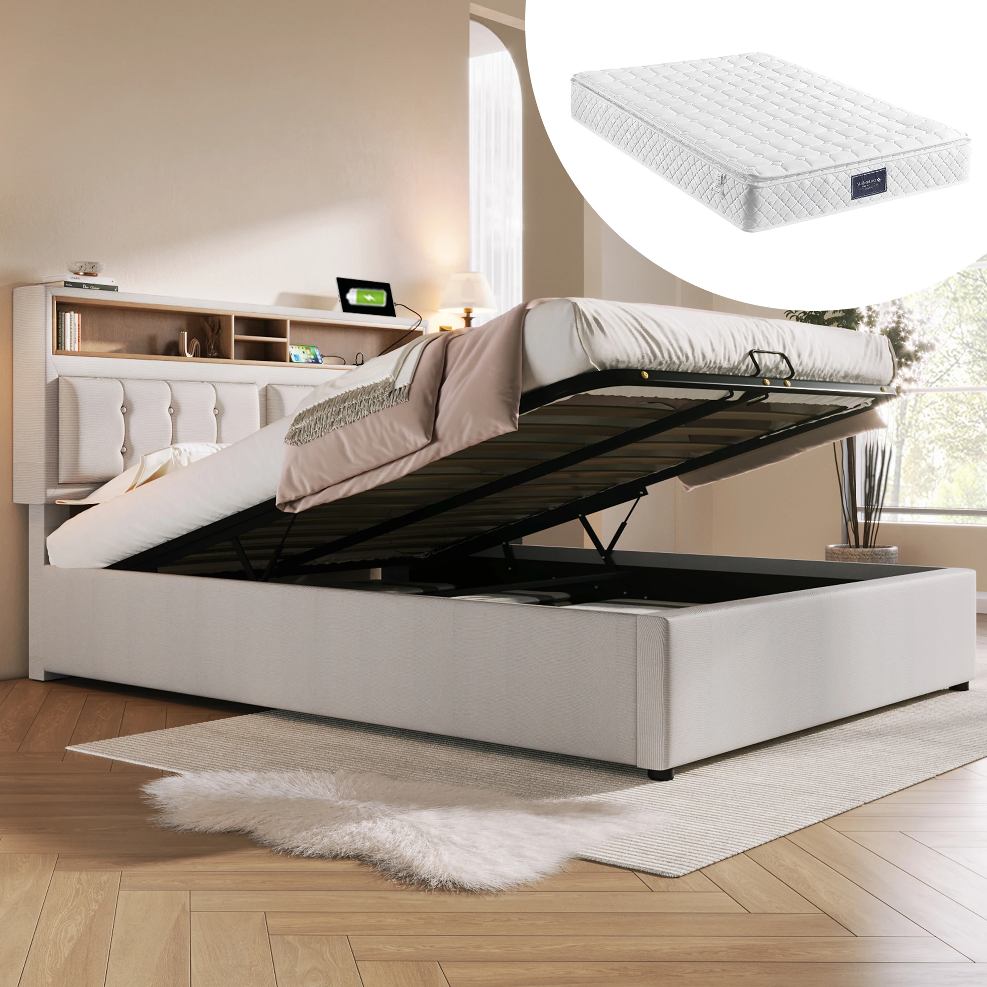 Lit coffre 160x200 cm - Lit double capitonné avec rangement et USB - Lin - Beige