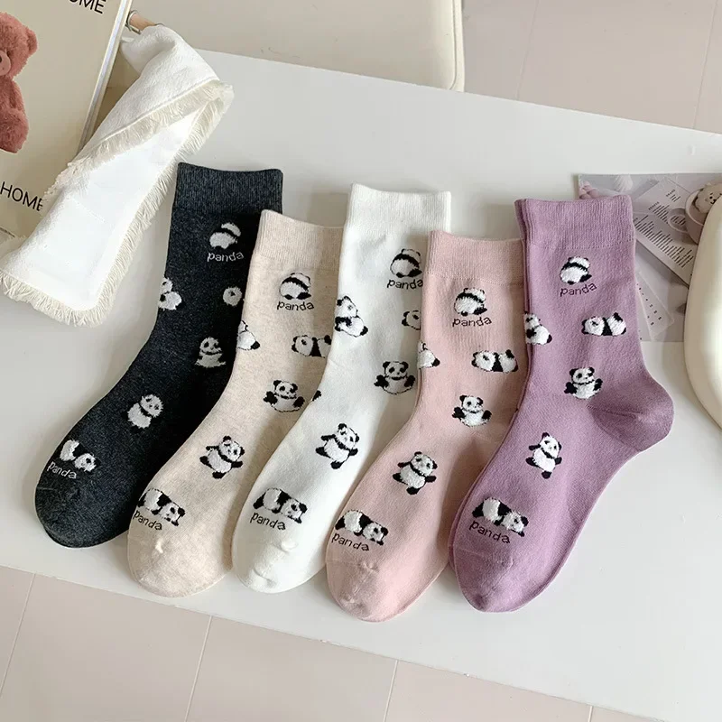 Panda Print Women Socks Cartoon Kawaii Cute Socks School Girls Breathable Cotton Middle Tubes Socks Korean Fashion College Style