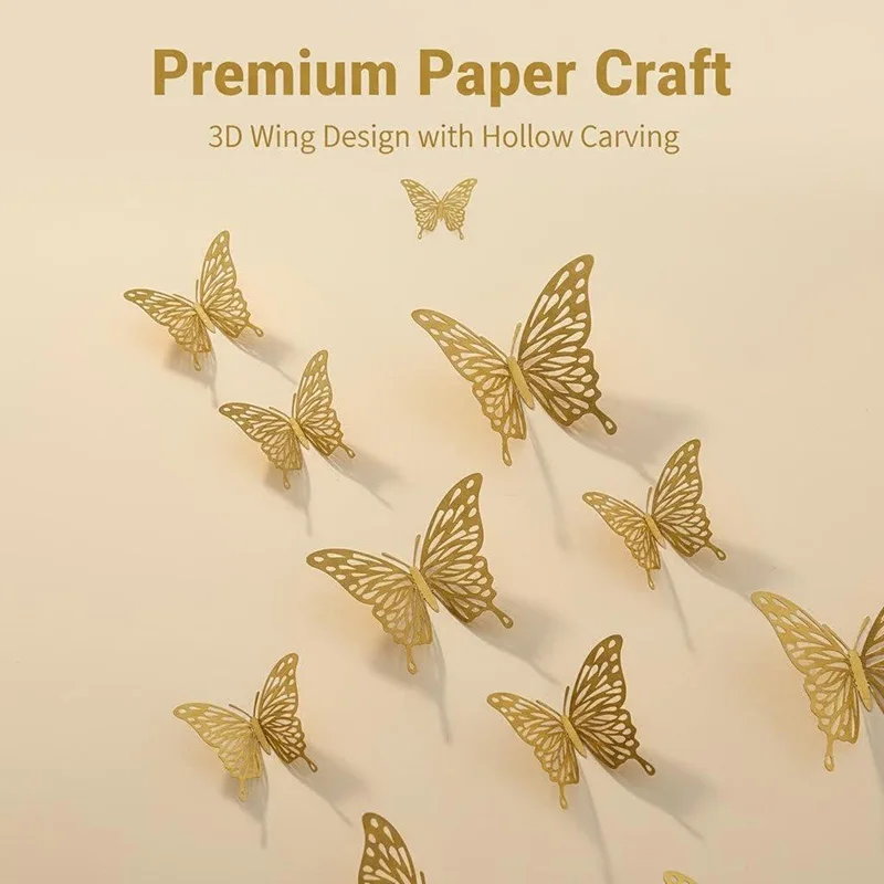 12 Stück Neue 3D Hohle Goldene und Silberne Schmetterlinge in 3 Größen für Hochzeitsdekoration, Kinderzimmer-Deko, Wohnzimmer, Kinderzimmer, DIY