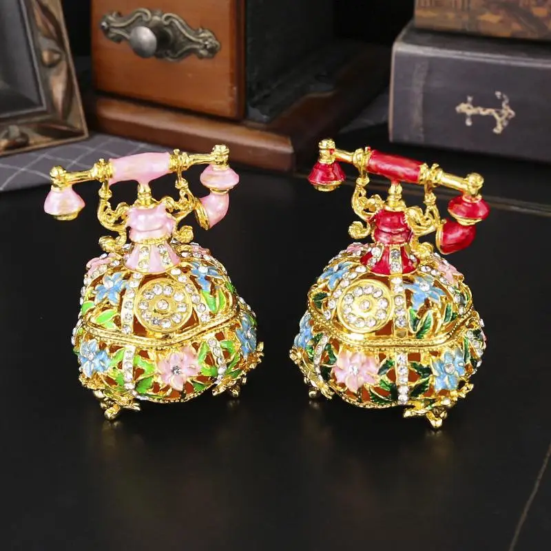 Retro Telephone Enamel Jewelry Box With Embedded Diamonds And Hollow Design. Cover-top Dressing Table For Storing Jewelry.