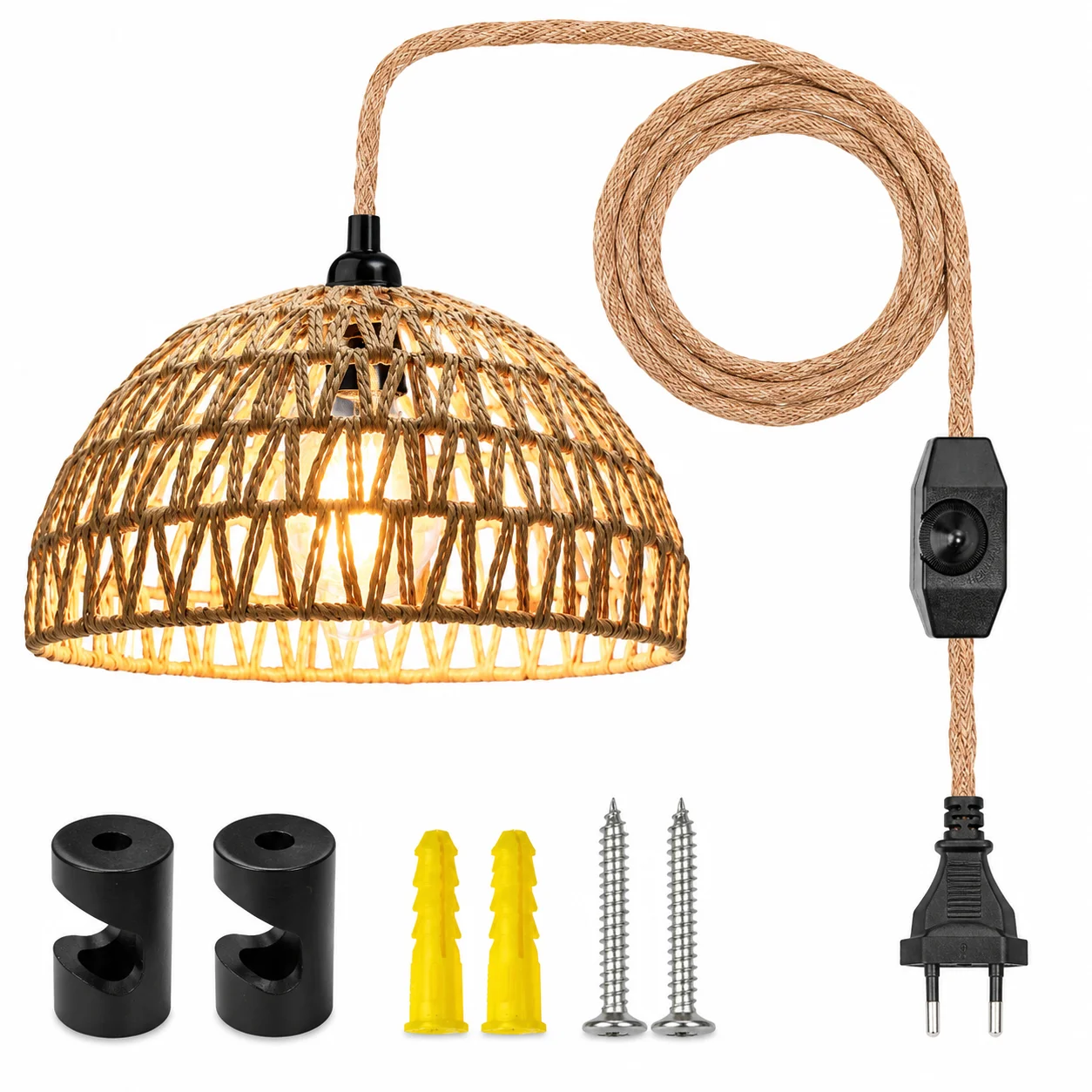 JOYINLED Plug in Pendant Light Rattan Hanging Lamp with 14.78 Ft Hemp Rope Cord Dimmable Switch Woven Boho Plug in Ceiling Light