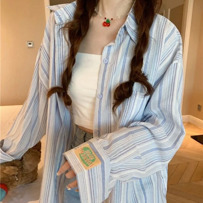 Gidyq Fashion Striped Turn Down Collar Shirt Women Korean Casual Top Loose Ladies Thin Coat Summer Female Sun Protection Shirt