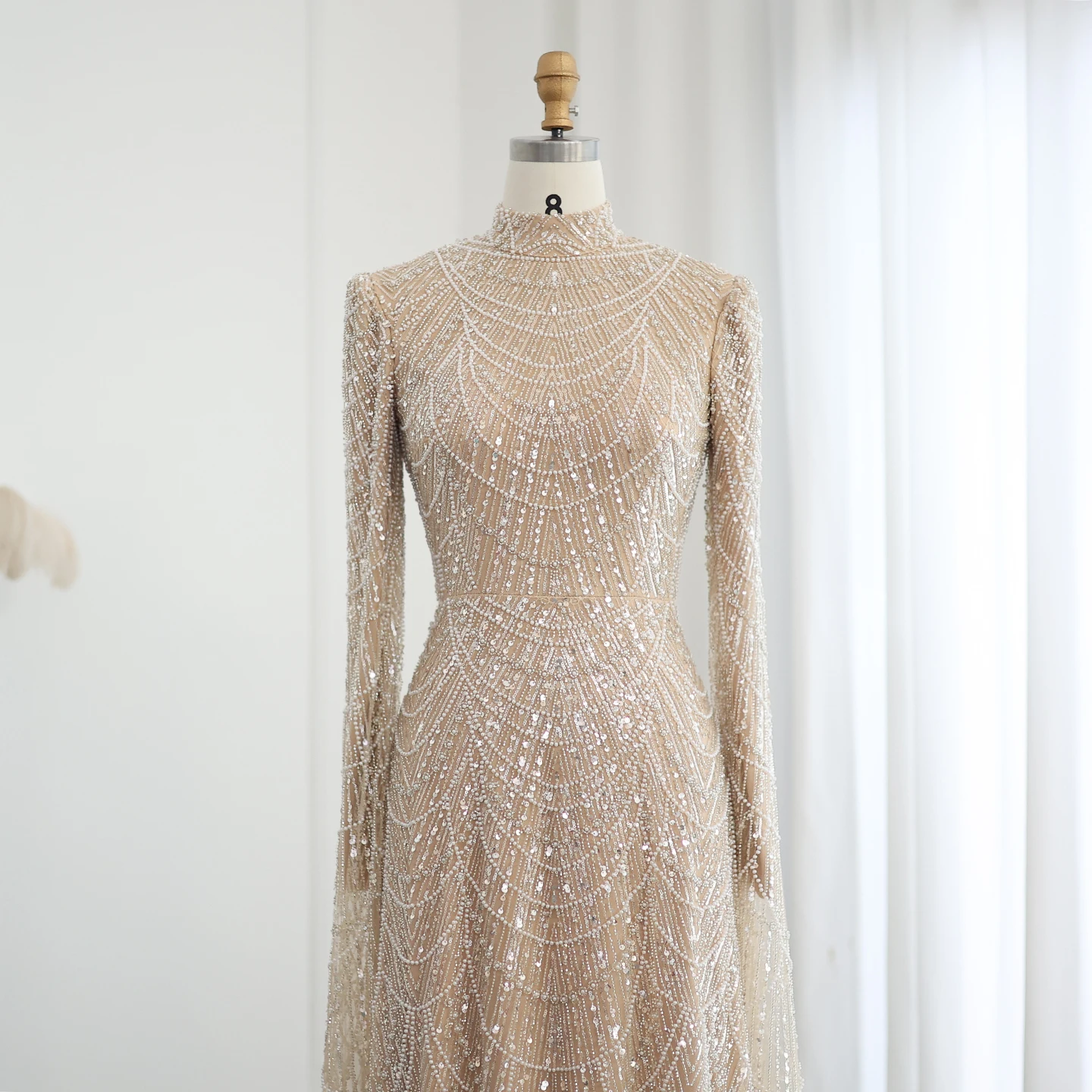 Sharon Said Luxury Dubai Sage Green Muslim Evening Dresses with Cape Sleeves High Neck Arab Women Wedding Party SS630 Customized image 4