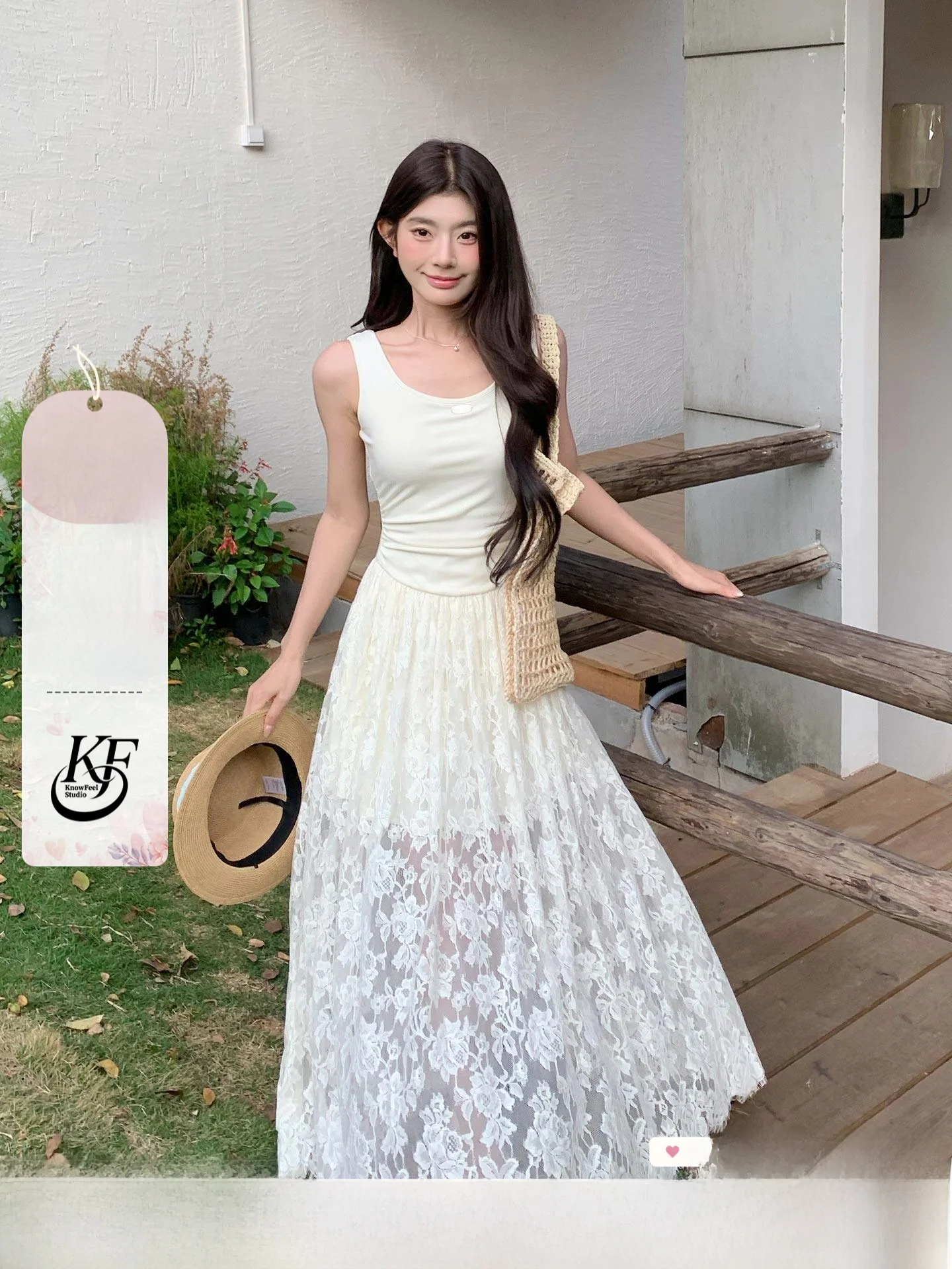 

Knowfeel Studio Lace Halter Dress Women Gentle Style Long Fairy Skirt Summer Cotton Nylon Fabric A-Line Skirt Casual Wear