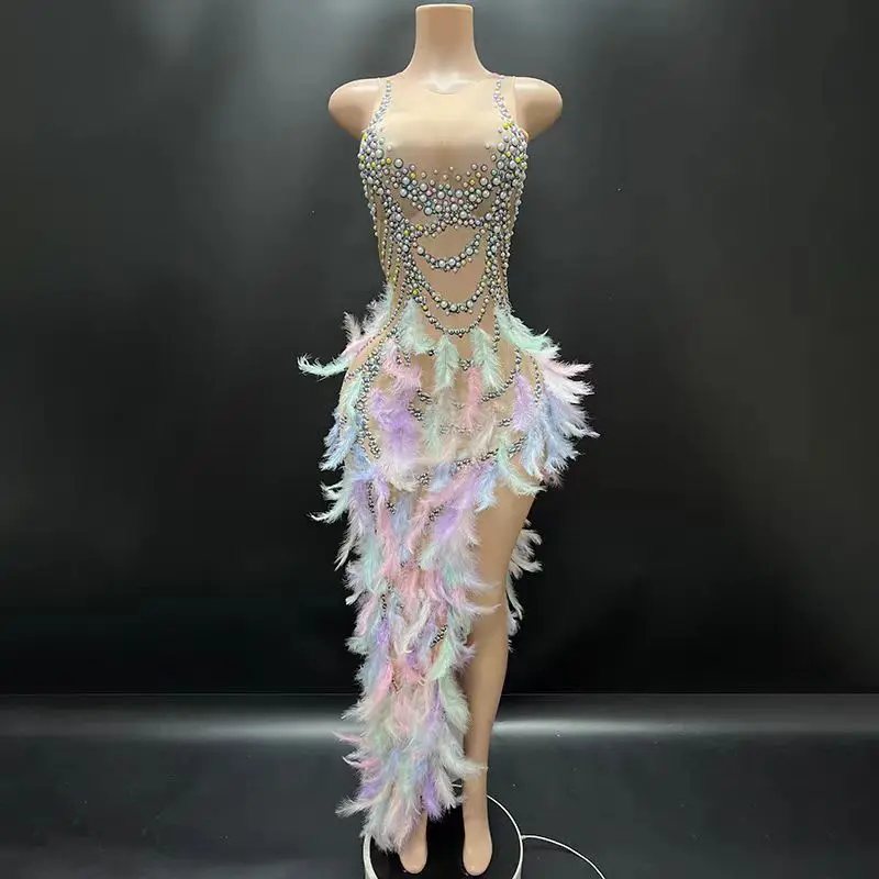 

New product singer host model color feather rhinestone stretch hip long dress evening dress stage adult performance dress