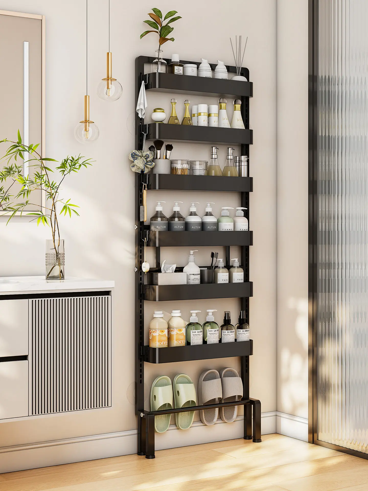 Ultra‑Thin Bathroom Door Back Storage Rack Floor Multi‑Tier No Drill Organizer Toilet Washroom Slipper Shelf