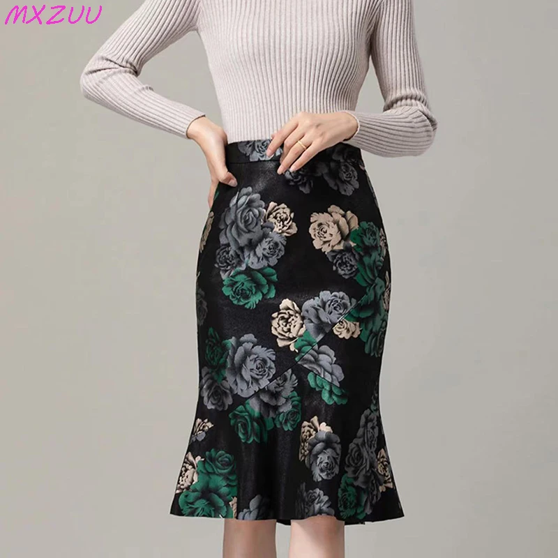 Nowa skórzana spódnica damska wiosna jesień Retro nadruk obcisła sukienka kobieta koreański moda kożuch wysokiej talii Slim Fishtail Jupes