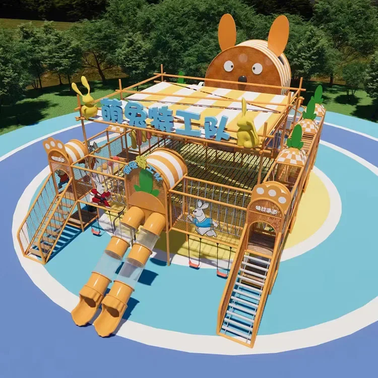 Kids Outdoor Climbing Structure - อุปกรณ์สนามเด็กเล่นกลางแจ้งเหล็กกล้าธีมกระต่ายสำหรับเด็ก โครงสร้างปีนป่ายหลายชั้นพร้อมสไลเดอร์