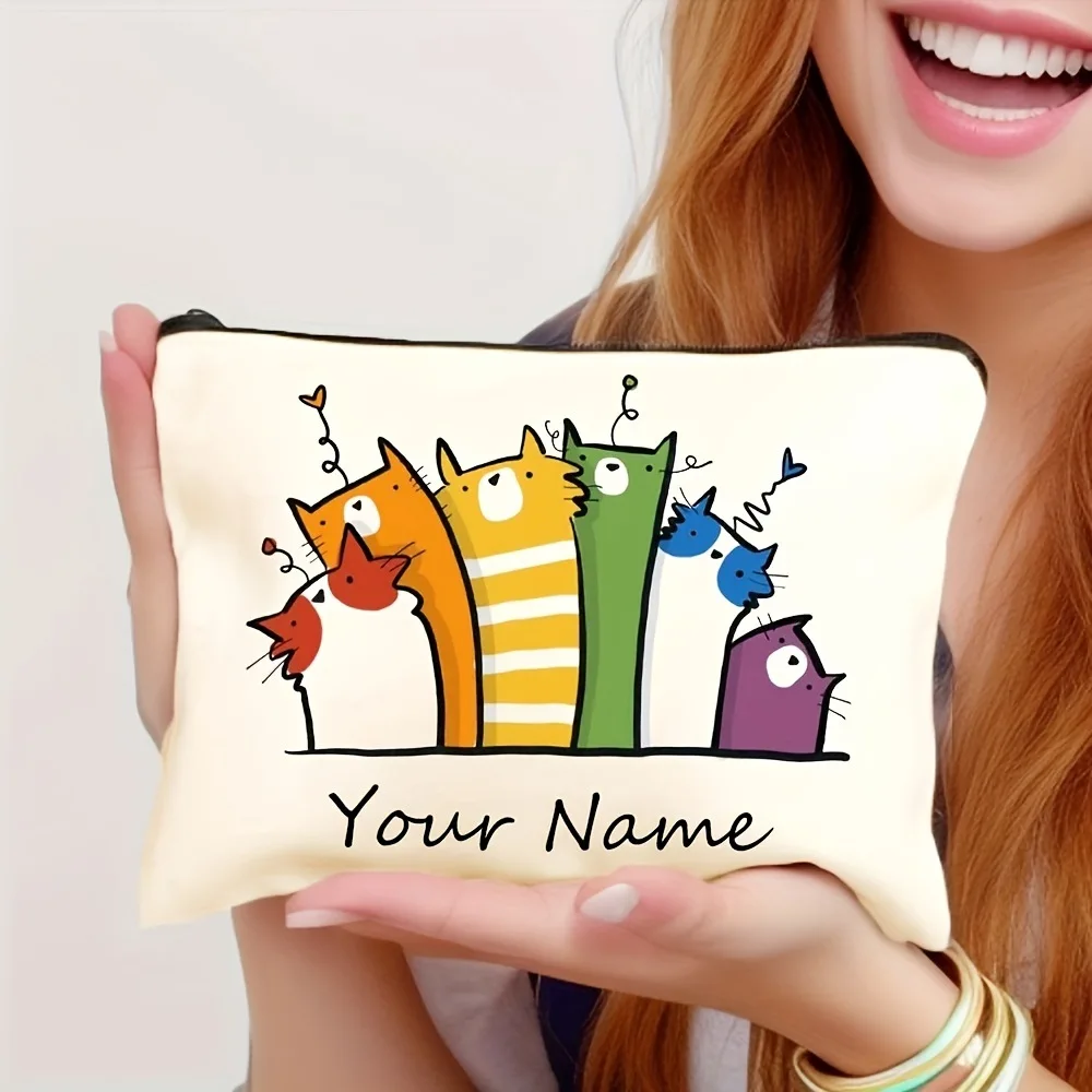 Custom Name Colorful Cartoon Cats Print Makeup Bag Personalized Zipper Cosmetic Pouch Travel Storage Gift for Cat Lovers Purse